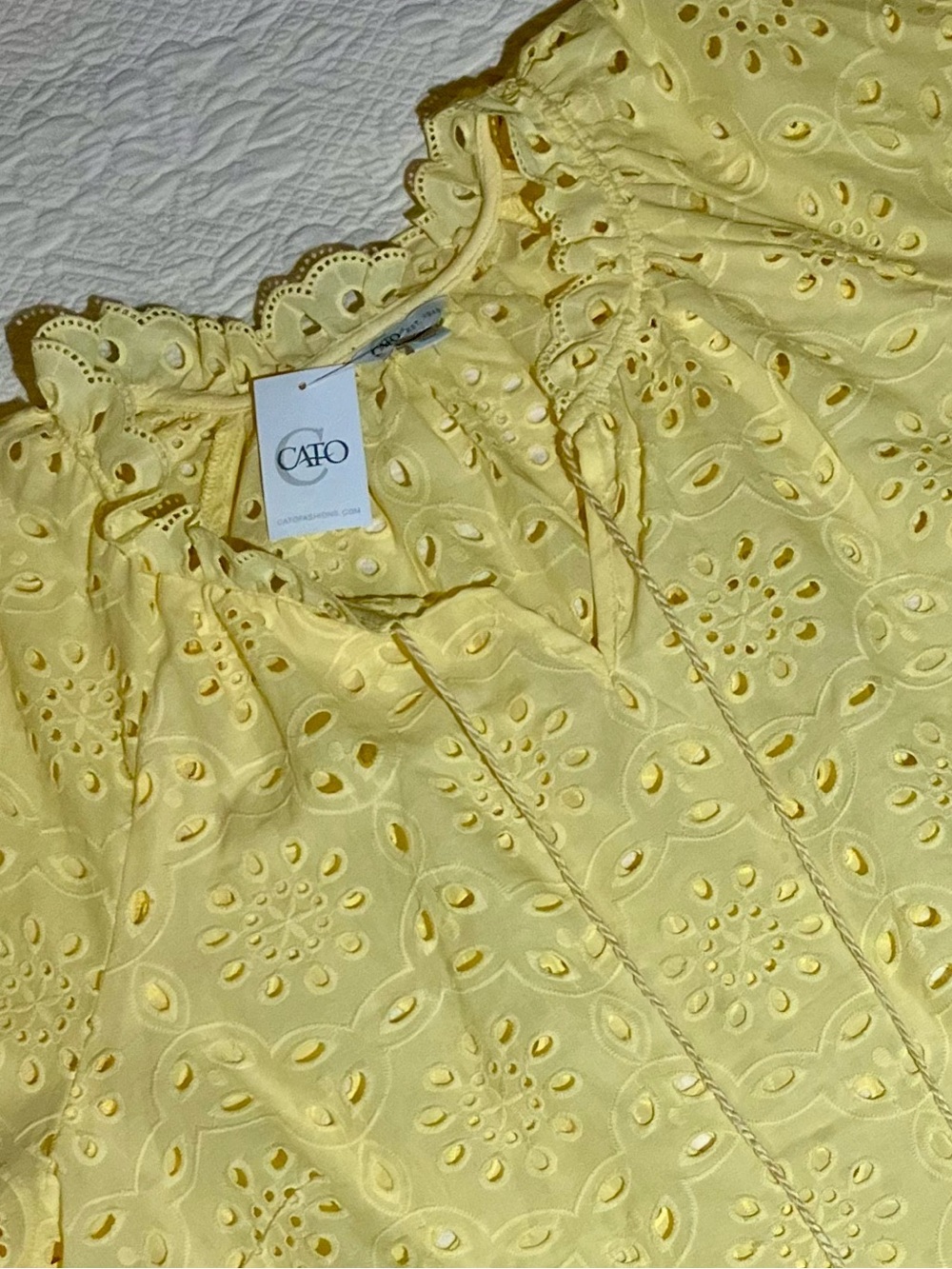 Cato Pale Yellow Eyelet Peasant Blouse with Tassel Tie NWT